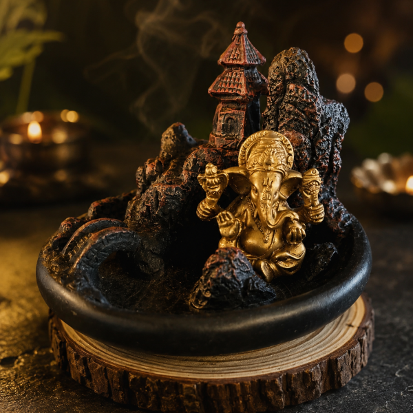 Incensário com Ganesha dourado, castelo, ponte e relevos de rochas.