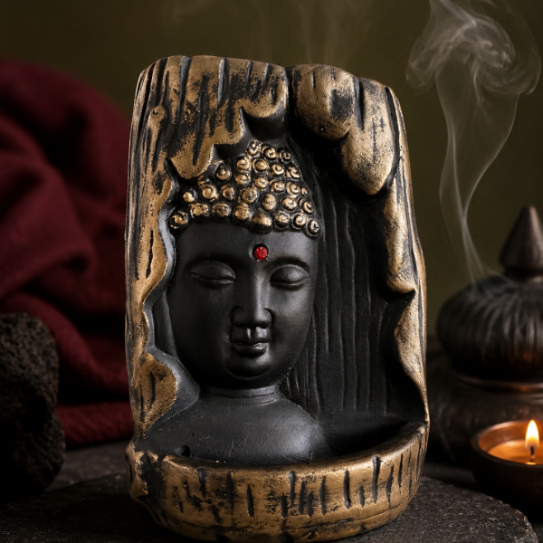 Incensário com rosto de Buda preto, detalhes dourados envelhecidos e adorno vermelho na testa.
