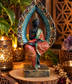 Estátua Buda em resina 20 cm com moldura ornamental