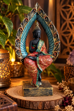 Estátua Buda em resina 20 cm com moldura ornamental