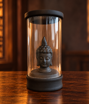 Incensário preto com cabeça de Buda dentro de um cilindro transparente, visto de frente sobre uma mesa de madeira