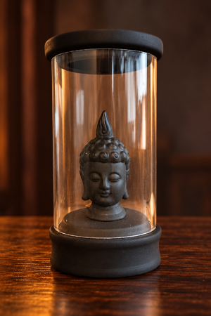 Incensário preto com cabeça de Buda dentro de um cilindro transparente, visto de frente sobre uma mesa de madeira