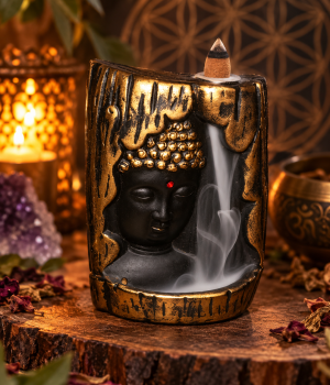 Incensário Cascata Buda em resina 12 cm preto e dourado