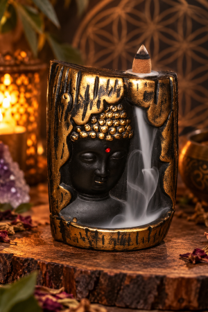 Incensário Cascata Buda em resina 12 cm preto e dourado