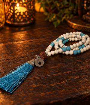Japamala com contas brancas e azul-turquesa, conta central marrom, medalha com coração vazado e tassel azul