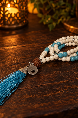Japamala com contas brancas e azul-turquesa, conta central marrom, medalha com coração vazado e tassel azul