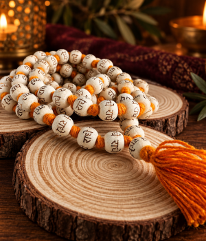 Japamala Radhe em madeira de neem com contas claras e tassel laranja