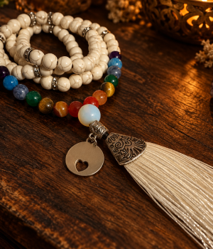 Japamala com contas claras e sete pares coloridos, medalha com coração vazado e tassel branco, sobre madeira