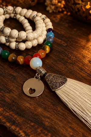 Japamala com contas claras e sete pares coloridos, medalha com coração vazado e tassel branco, sobre madeira